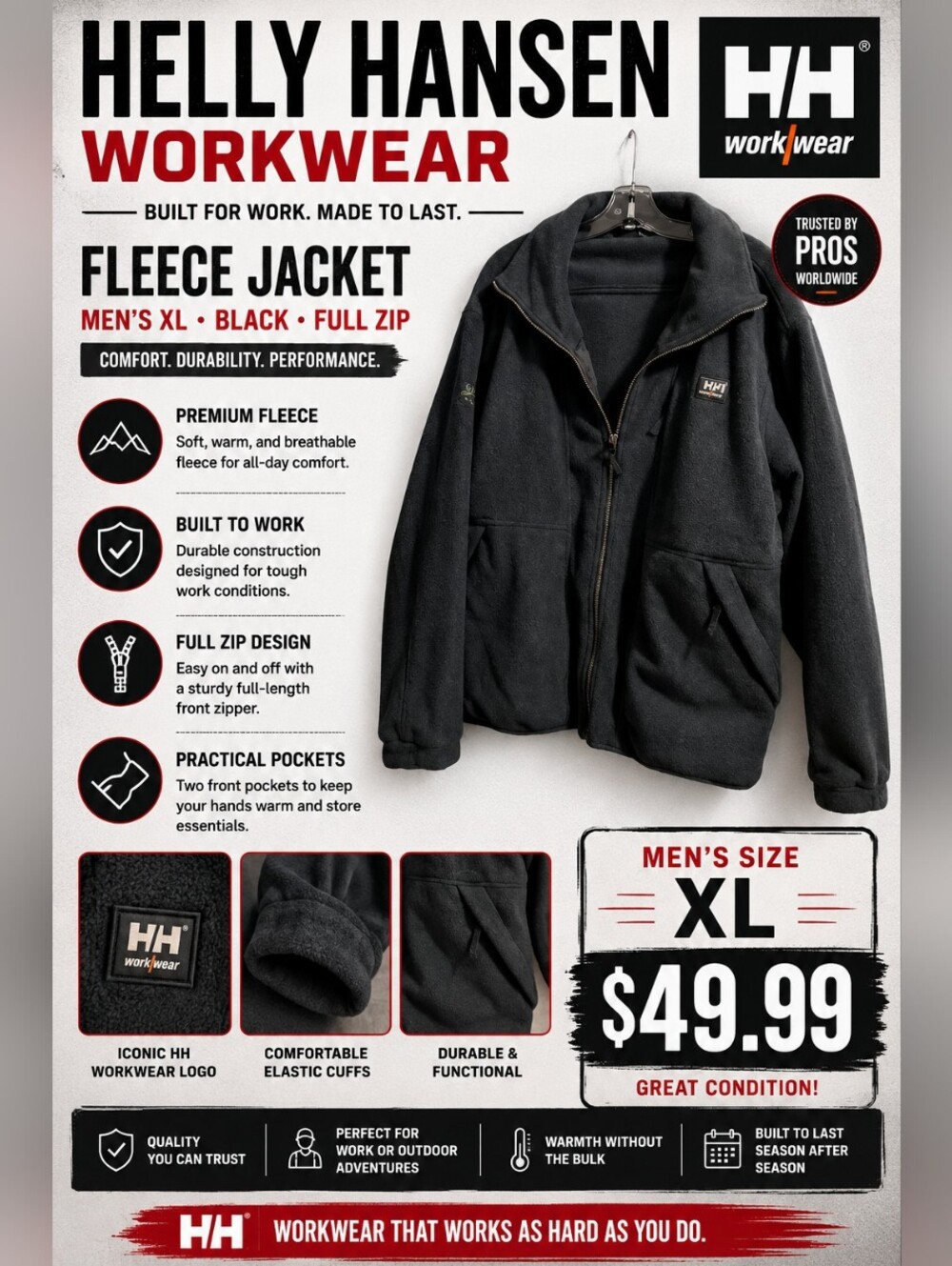Helly Hansen Workwear Fleece Jacket Men's XL Black Full Zip Outdoor Workwear